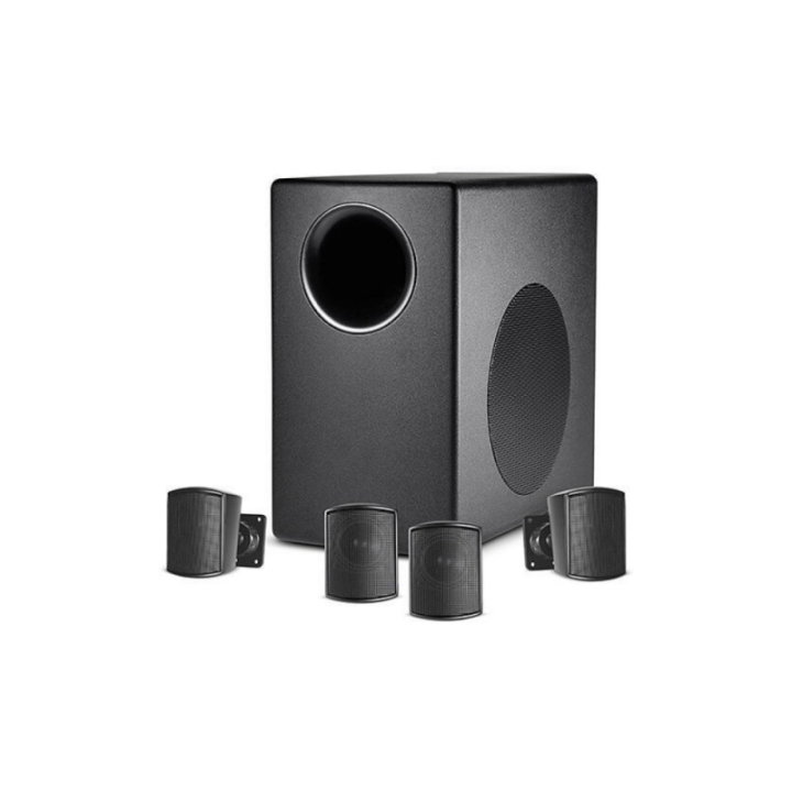 FOUR SATELLITE SPEAKER SYSTEM, WITH SURFACE-MOUNT SUBWOOFER